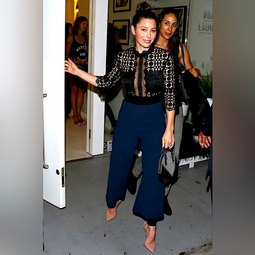 Self Portrait sheer paneled, cropped jumpsuit as seen on Jessica Biel